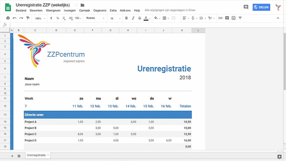 Gratis uren registratie Google Spreadsheet (Sheets) voorbeeld